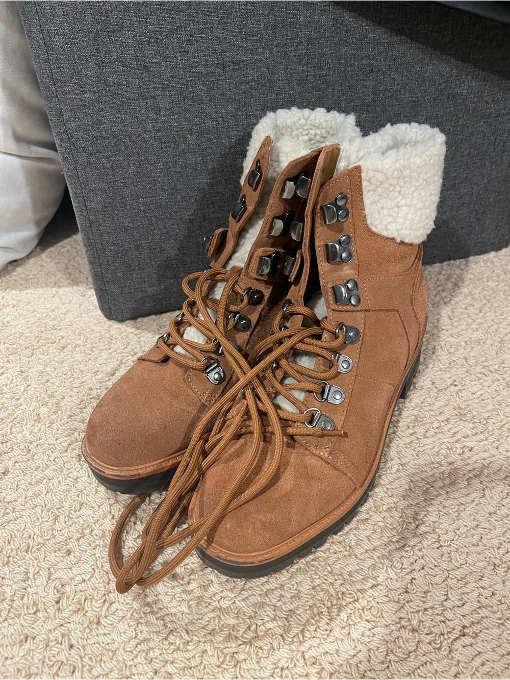 Marc Fisher Tan Suede Lace-Up Sherpa Ankle Booties